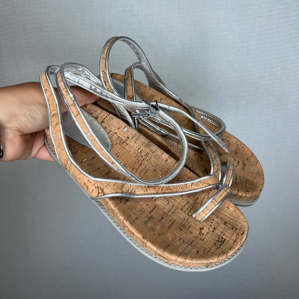 Schutz Silver Cork Toe Ring Thong Sandal Adjustable Ankle‎ Strap Women's 6B